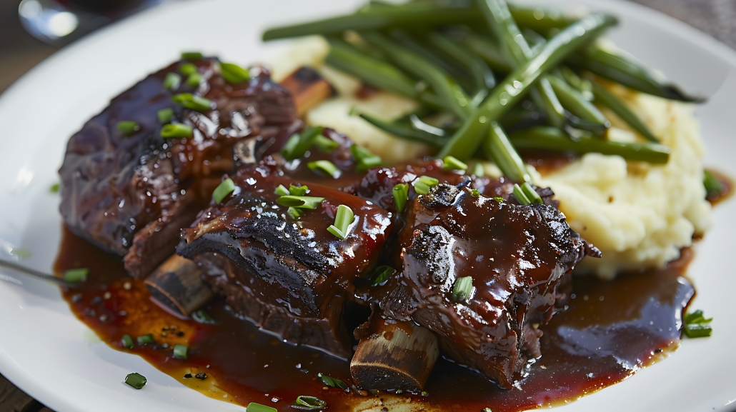 Short ribs served with mashed potatoes and green beans