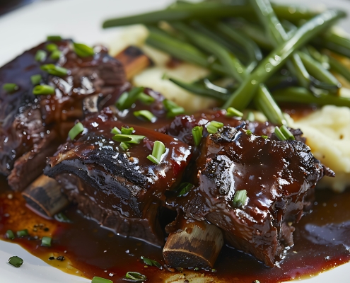 Short ribs served with mashed potatoes and green beans