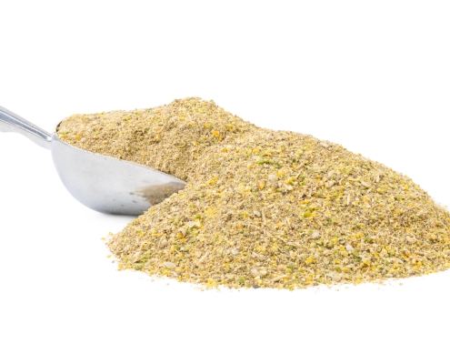 Soy Free Broiler Mash Soy Free Broiler Mash with a Scoop in the Feed